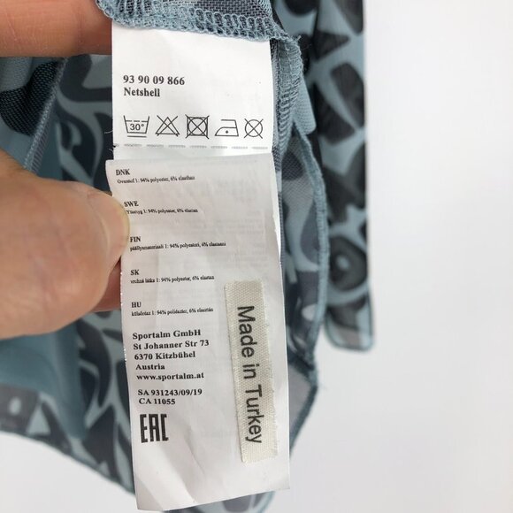 NWT Sportalm Blue Black Mesh Repeating Logo Long  Sleeve Sheer top size 10 - Picture 3 of 15